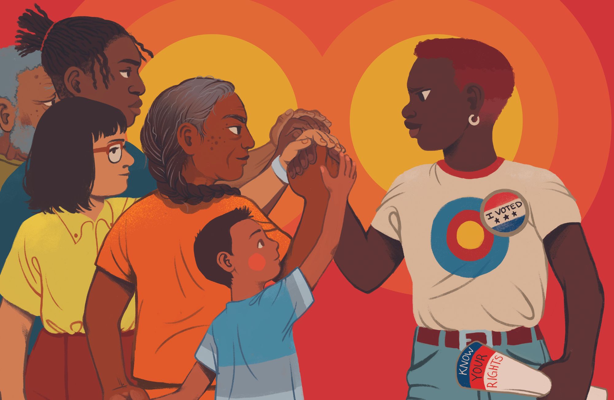 An illustration of a diverse group of people led by a black woman with a vote sticker on her shirt